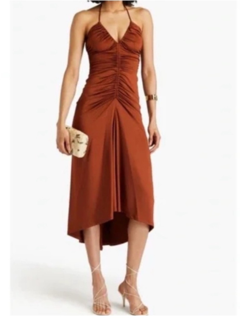 VERONICA BEARD Saskia Ruched Satin-jersey
Midi Dress In Light Brown/rust color